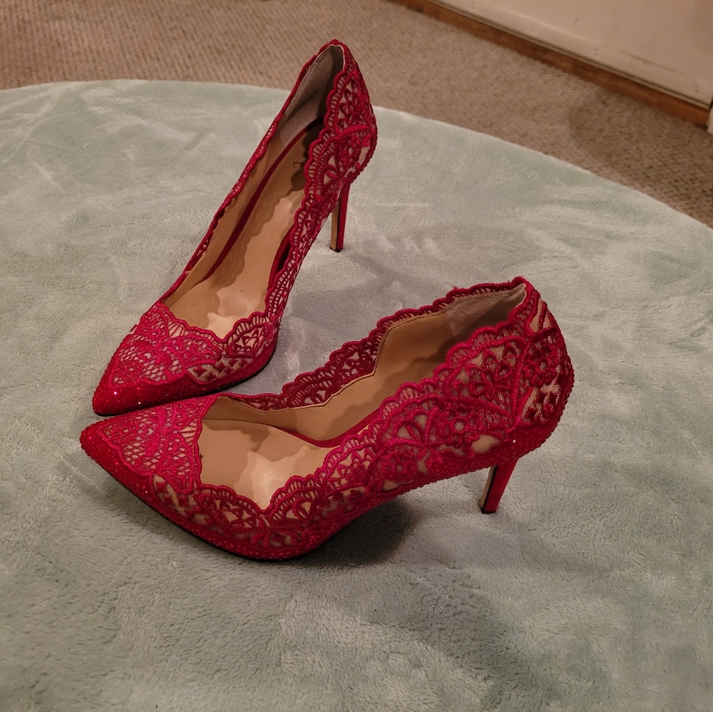 INC RED LACE PUMPS